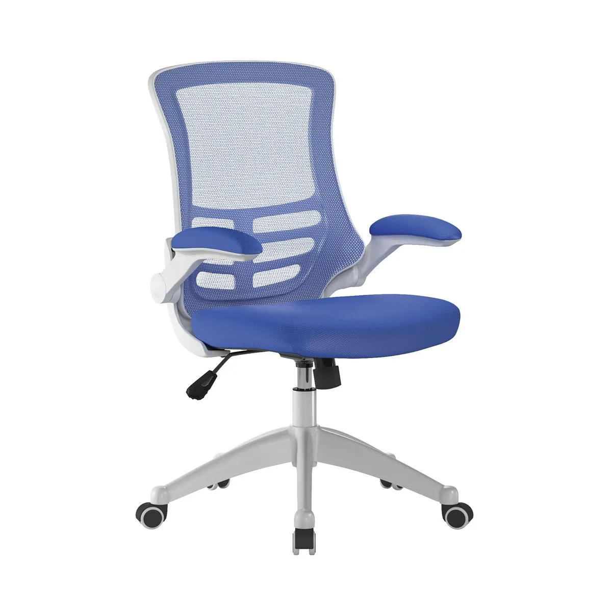 Luna Designer High Back Mesh Chair with White Shell and Folding Arms - Blue Luna Designer High Back Mesh Chair with White Shell and Folding Arms - Blue