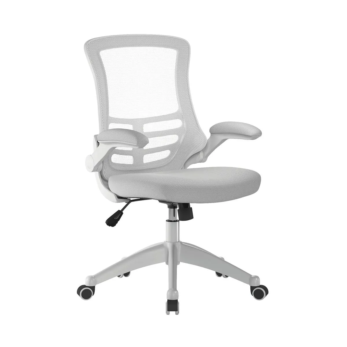 Luna Designer High Back Mesh Chair with White Shell and Folding Arms - Grey Luna Designer High Back Mesh Chair with White Shell and Folding Arms - Grey