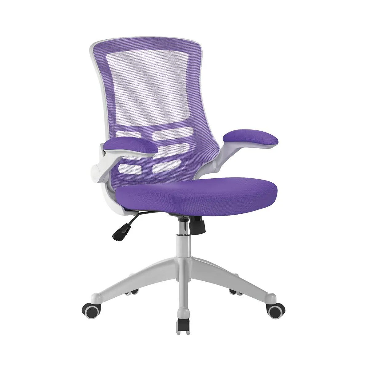 Luna Designer High Back Mesh Chair with White Shell and Folding Arms - Purple Luna Designer High Back Mesh Chair with White Shell and Folding Arms - Purple