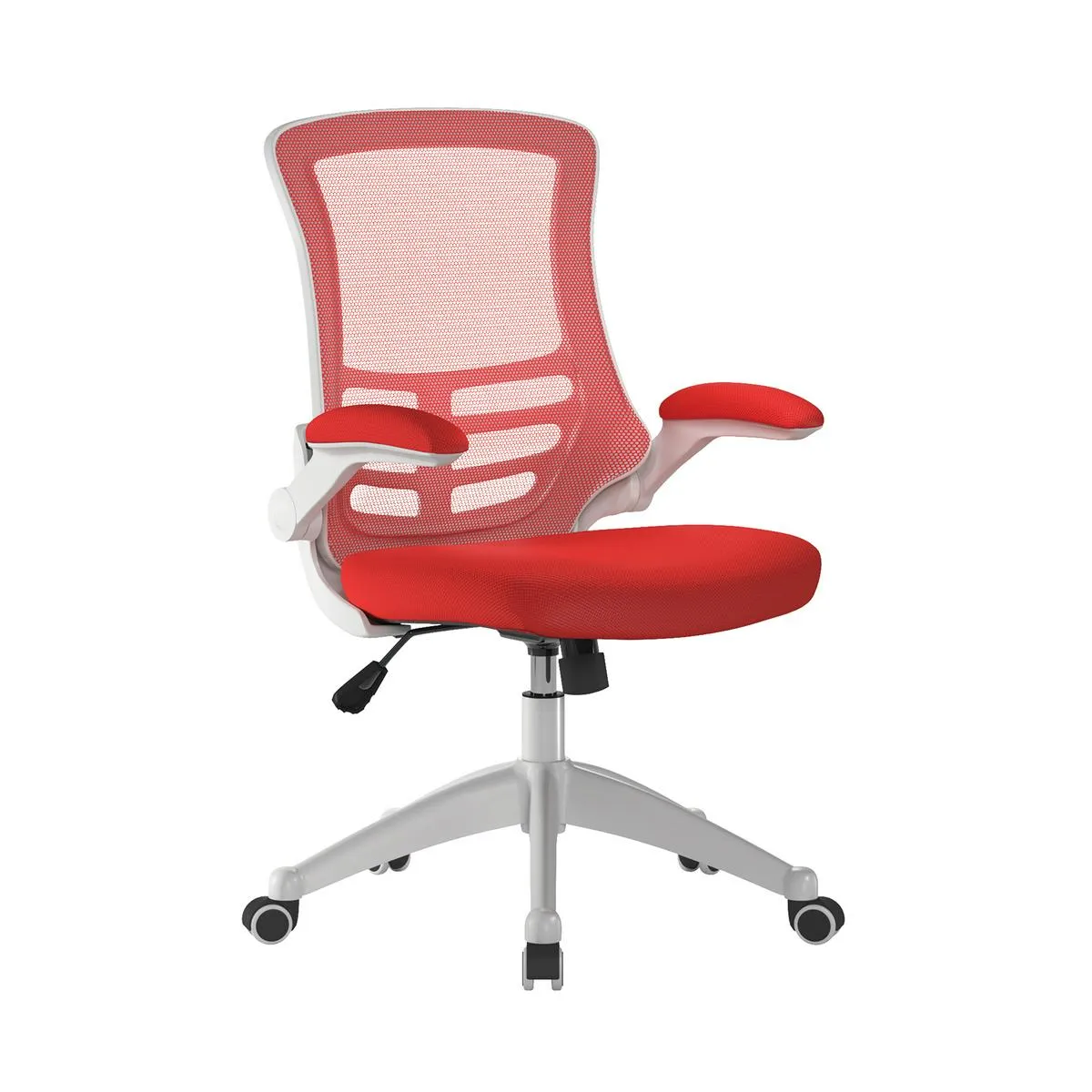 Luna Designer High Back Mesh Chair with White Shell and Folding Arms - Red Luna Designer High Back Mesh Chair with White Shell and Folding Arms - Red